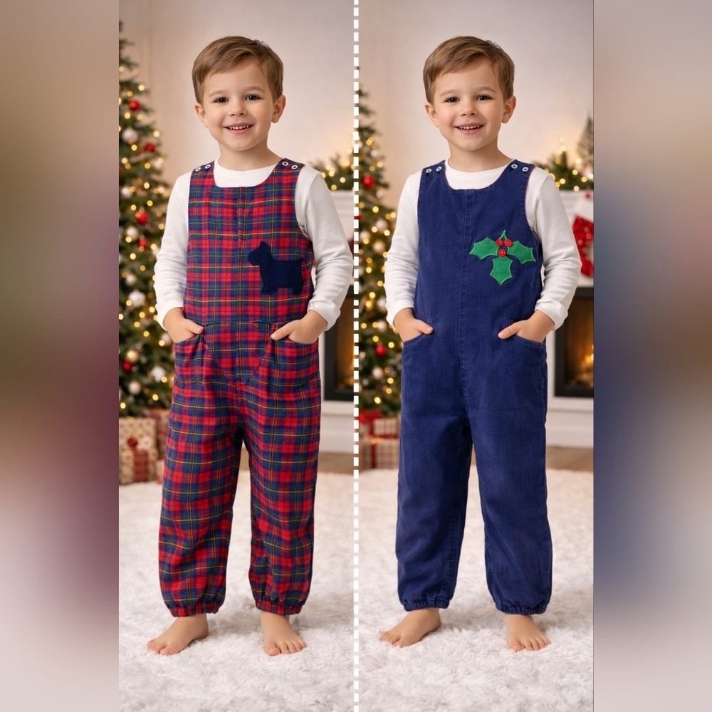 Vtg The Bailey Boys Reversible Christmas Longall Size 3 Plaid Scottie Dog/ Holly